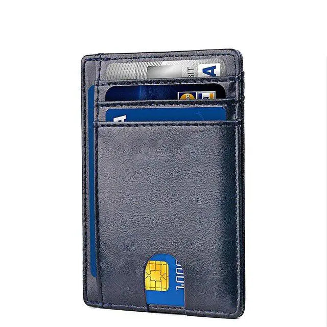 Vivid Living Mens Leather Slim Wallet Credit Card Holder in navy blue with multiple card slots and sleek minimalist design. Ideal for compact everyday carry.