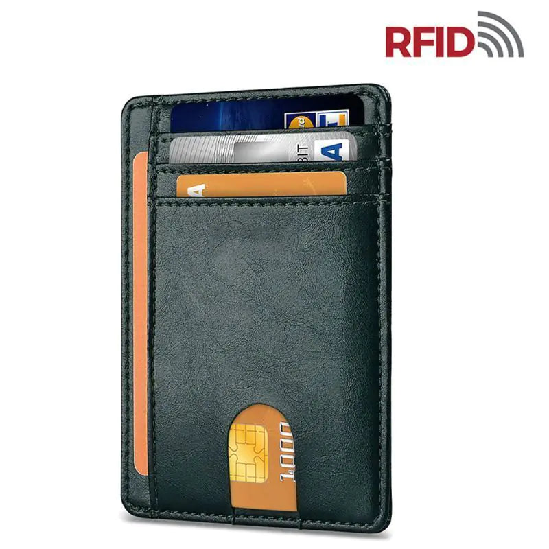 Vivid Living Mens Leather Slim Wallet Credit Card Holder with RFID blocking, featuring multiple card slots in a compact black leather design.