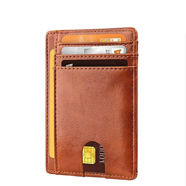 Vivid Living Mens Leather Slim Wallet Credit Card Holder in brown leather with multiple card slots and a sleek, minimalist design. Ideal for compact everyday carry.