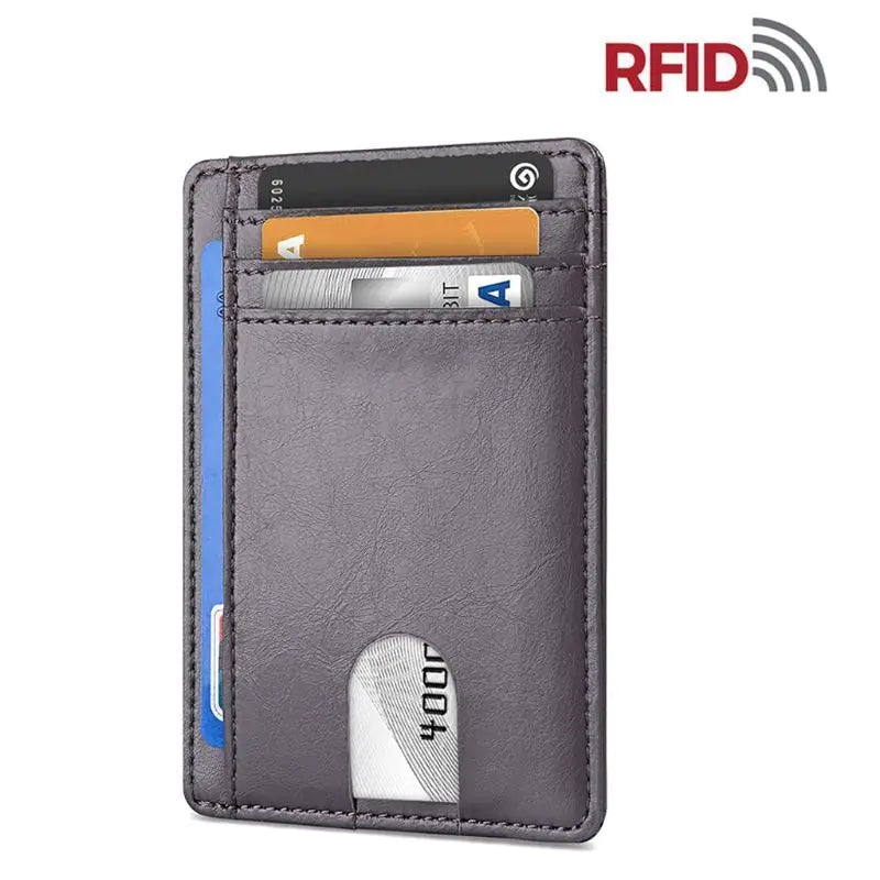 Vivid Living Mens Leather Slim Wallet Credit Card Holder in dark brown with RFID protection, featuring multiple card slots and compact design.