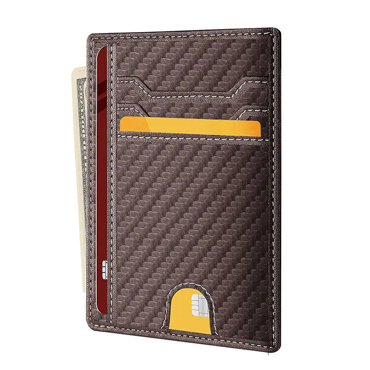 Vivid Living Mens Leather Slim Wallet Credit Card Holder with carbon fiber texture, multiple card slots, and a cash pocket. Ideal for minimalist everyday carry.