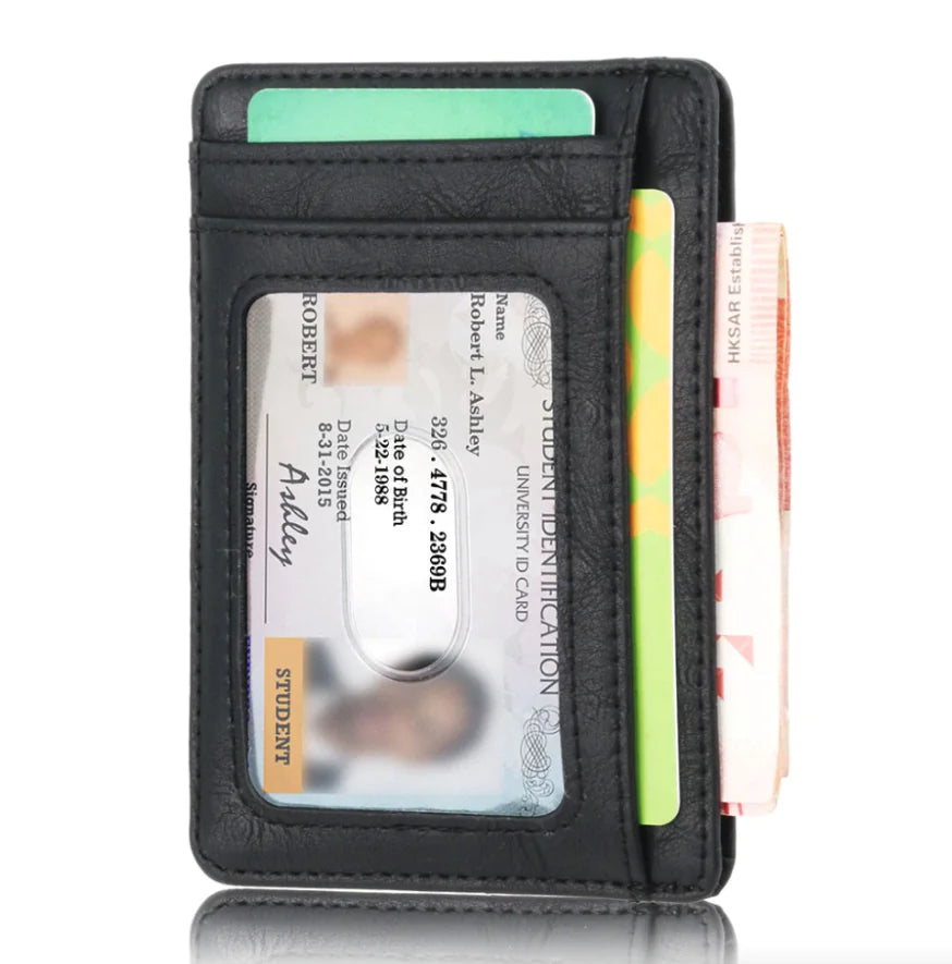Vivid Living Mens Leather Slim Wallet Credit Card Holder in black with ID window, card slots, and cash pocket. Compact design ideal for minimal carry.