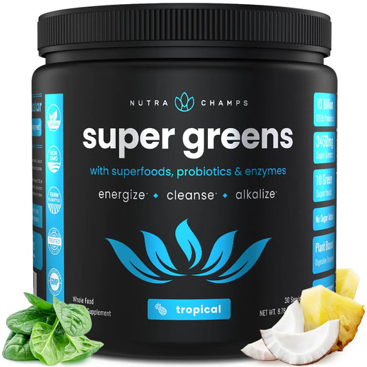 NutraChamps Super Greens Powder Premium Superfood | 20+ Organic Green Veggie Whole Foods | Alfalfa Spirulina Chlorella & More | Antioxidant Digestive Enzyme & Probiotic Blends | Tropical