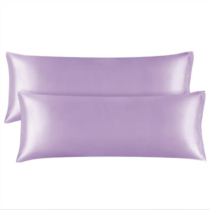 BEDELITE Body Pillow Cover Satin Pillowcase in lavender, 20x54 inch size, 2-pack set with silky, breathable, and cooling fabric for hair and skin care.