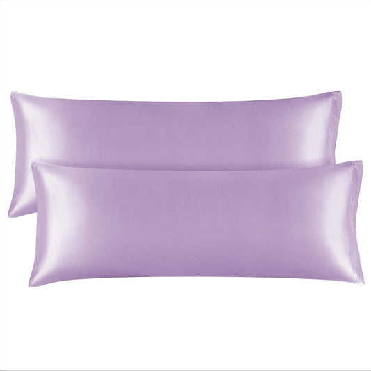 BEDELITE Body Pillow Cover Satin Pillowcase in lavender, 20x54 inch size, 2-pack set with silky, breathable, and cooling fabric for hair and skin care.