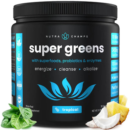 NutraChamps Super Greens Powder Premium Superfood | 20+ Organic Green Veggie Whole Foods | Alfalfa Spirulina Chlorella & More | Antioxidant Digestive Enzyme & Probiotic Blends | Tropical