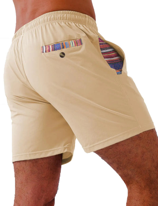 Loopory Mens Casual Shorts-Drawstring Summer Beach Stretch Twill Golf Shorts-Anti-Wrinkle Fabric-5"-Khaki-4XL