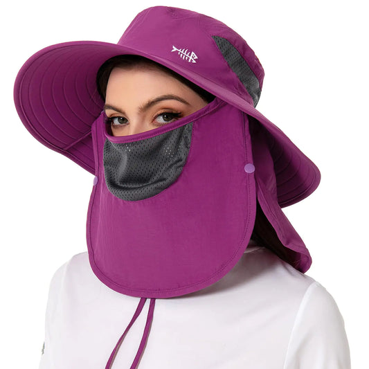 BASSDASH UPF 50+ Breathable Sun Hat with Removable Face Cover and Neck Flap Wide Brim Bucket Hat for Fishing Hiking Men Women Purple Orchid