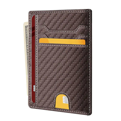 Vivid Living Mens Leather Slim Wallet Credit Card Holder with carbon fiber texture, multiple card slots, and a cash pocket. Ideal for minimalist everyday carry.