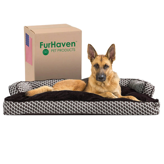 Furhaven Pillow Dog Bed for Large Dogs w/ Removable Bolsters & Washable Cover - Plush & Woven Decor Comfy Couch Sofa - Diamond Brown Jumbo/XL