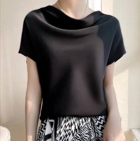 Black silk satin short-sleeve top with elegant drape, perfect for formal or office wear in women's fashion category.