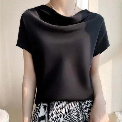 Product size chart for women's silk satin short-sleeve top, detailing measurements and fit guide for L to 5XL sizes.